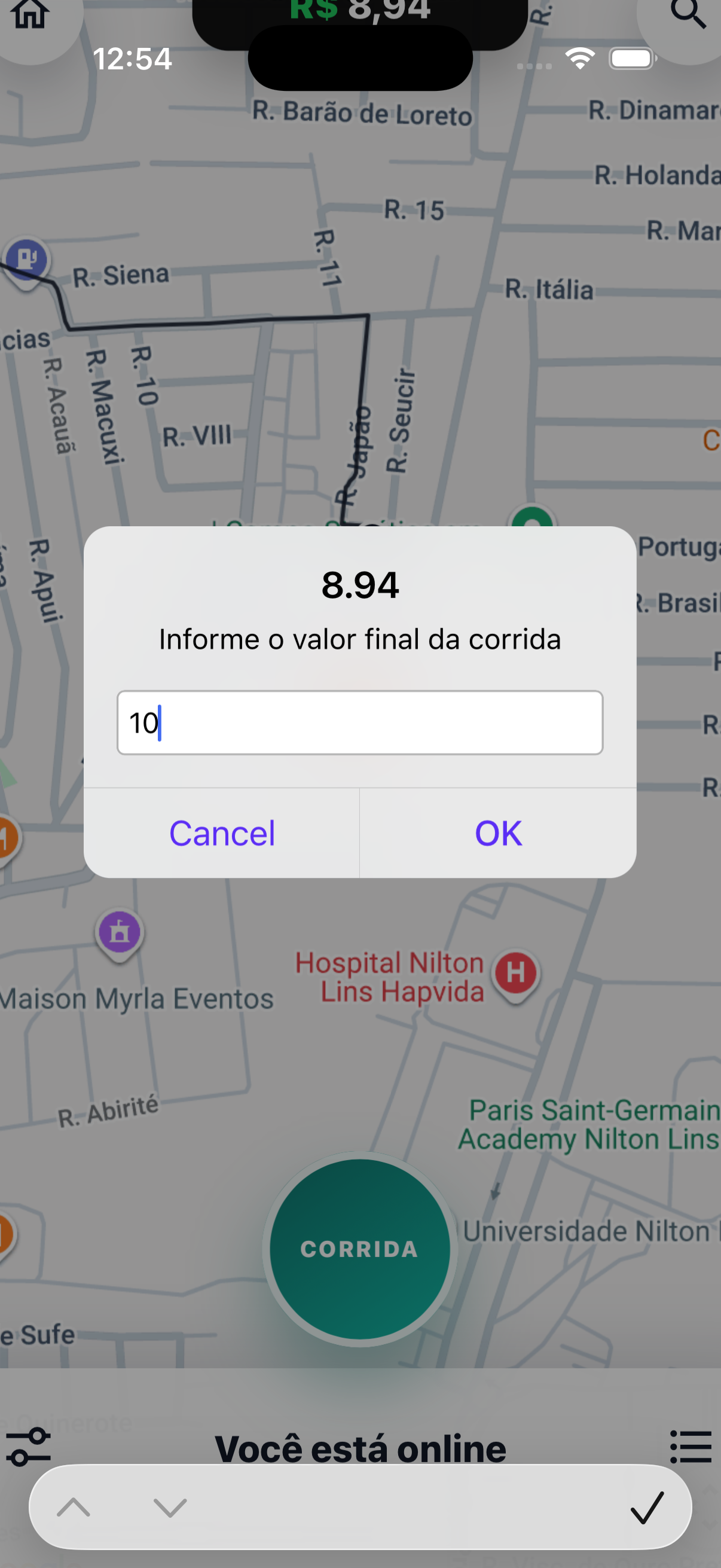Tela do mapa de operação do motorista no BRAX DRIVER
